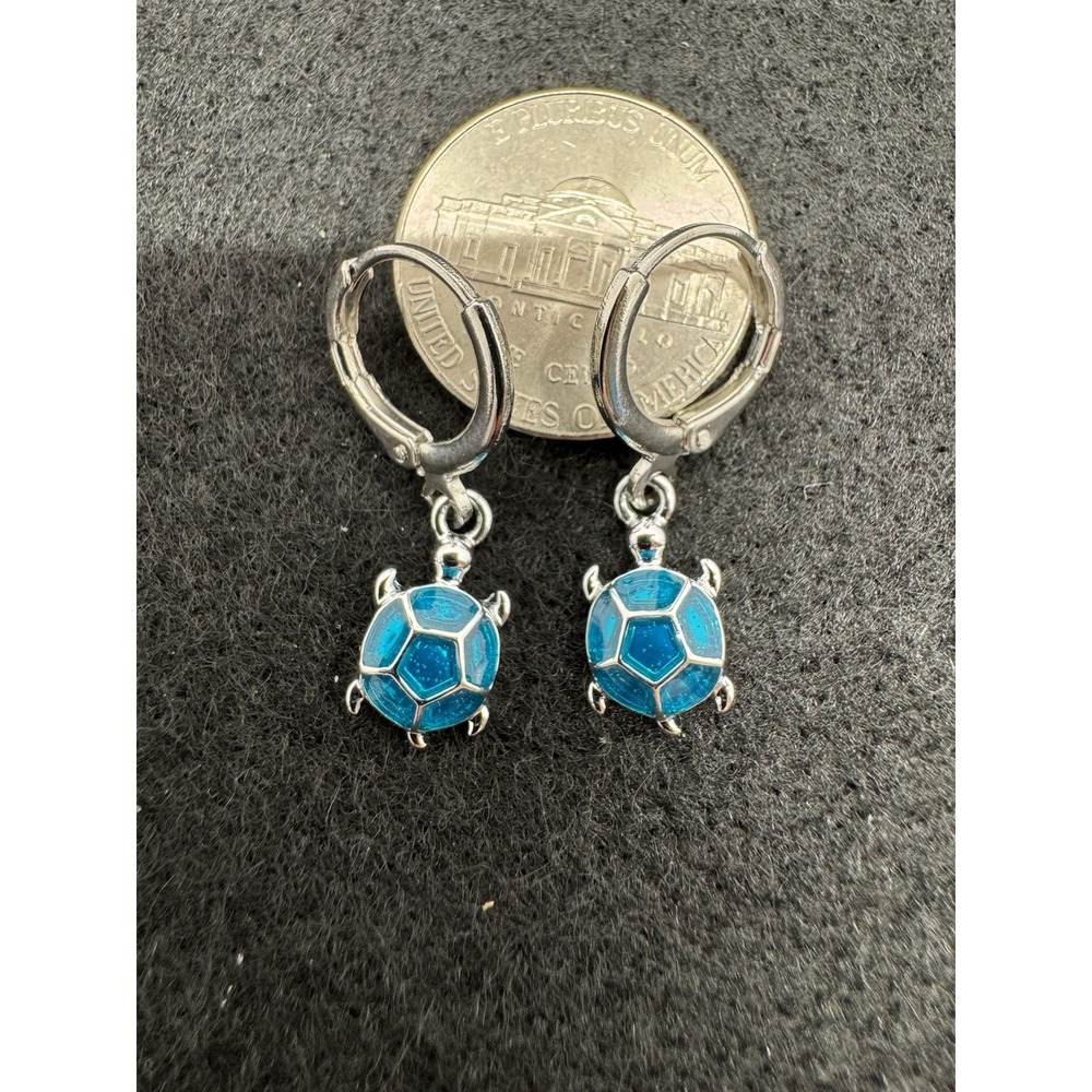 Blue Enamel Sea Turtle Dangle Earrings Silver Tone Huggie Hoop New